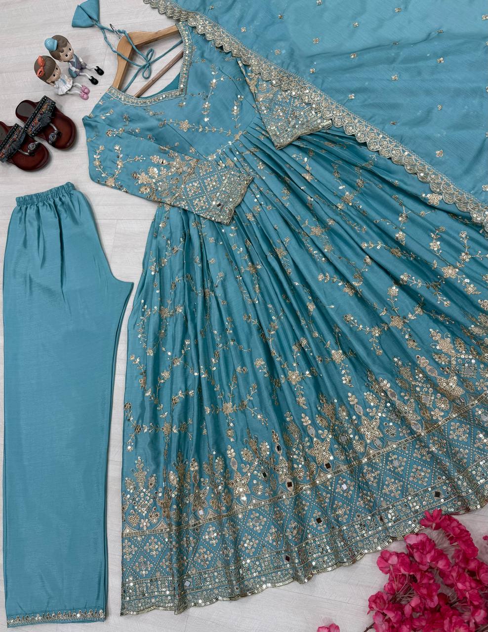 Sky Blue Heavy Chinon Silk Embroidered Anarkali Gown Set with Mirror & Sequin Work