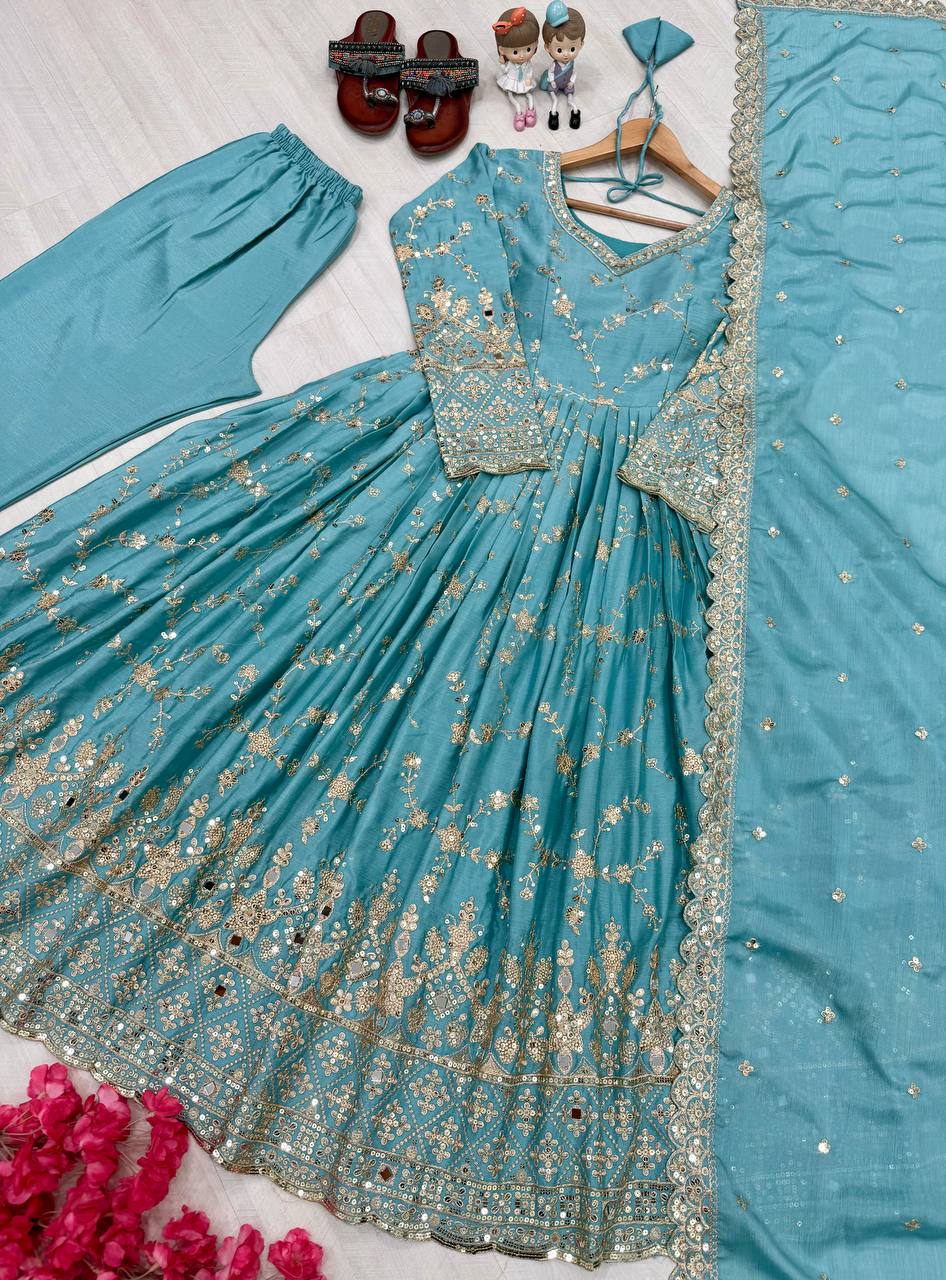 Sky Blue Heavy Chinon Silk Embroidered Anarkali Gown Set with Mirror & Sequin Work