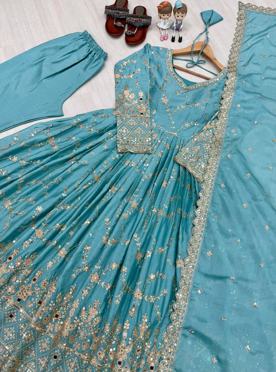 Sky Blue Heavy Chinon Silk Embroidered Anarkali Gown Set with Mirror & Sequin Work