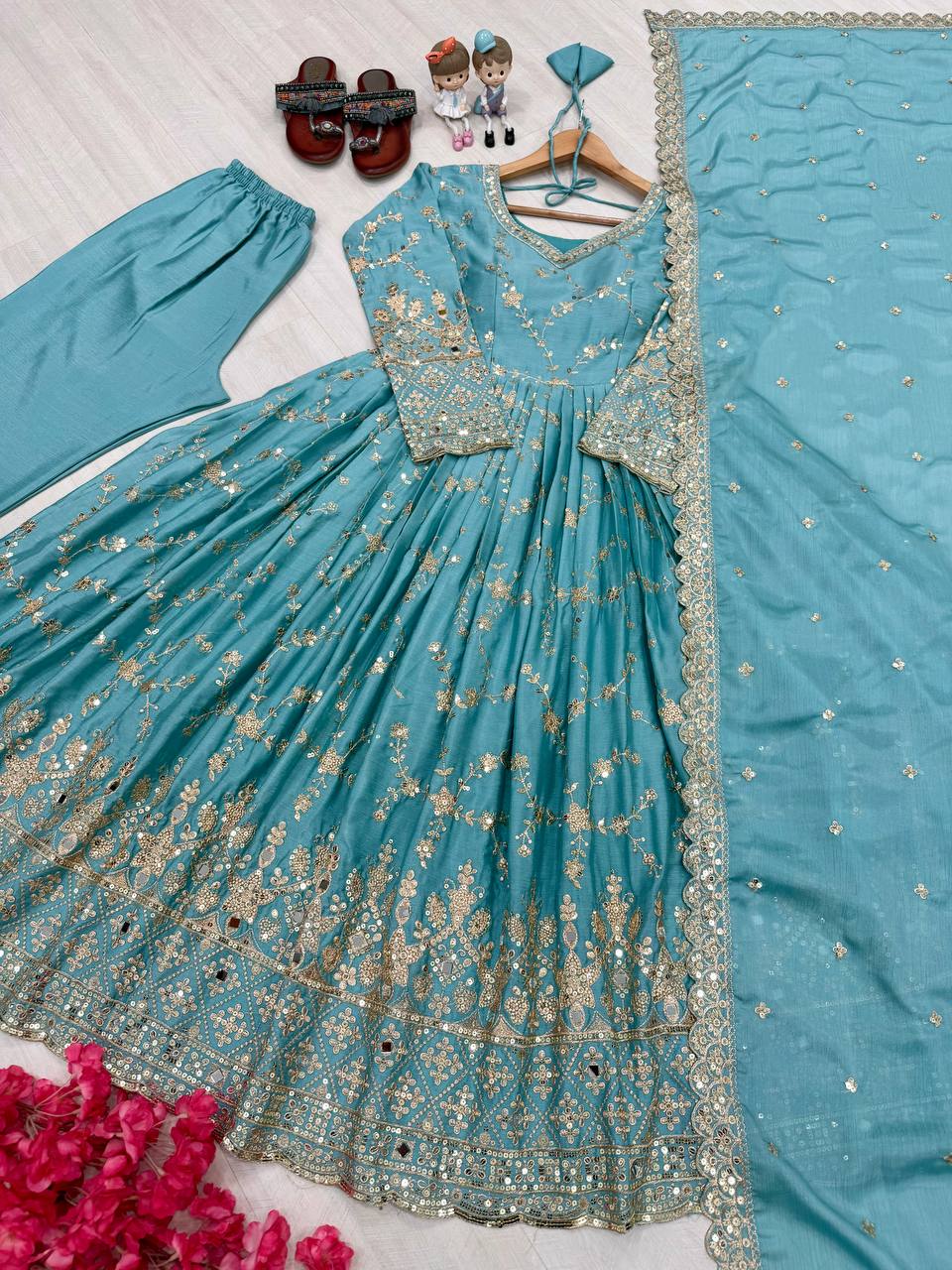 Sky Blue Heavy Chinon Silk Embroidered Anarkali Gown Set with Mirror & Sequin Work
