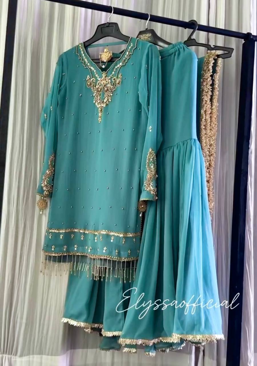 Sky Blue Heavy Faux Georgette Embroidered Suit Set with Rivet Moti Work & Mirror Lace Dupatta