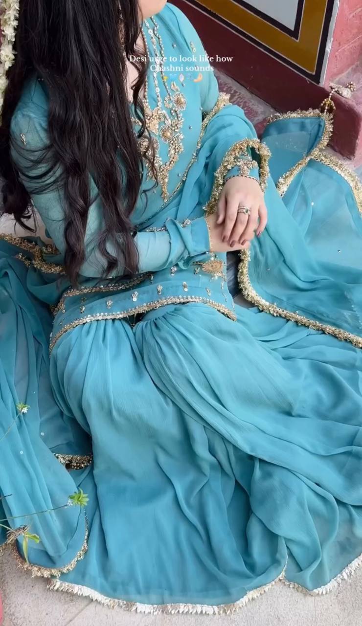 Sky Blue Heavy Faux Georgette Embroidered Suit Set with Rivet Moti Work & Mirror Lace Dupatta