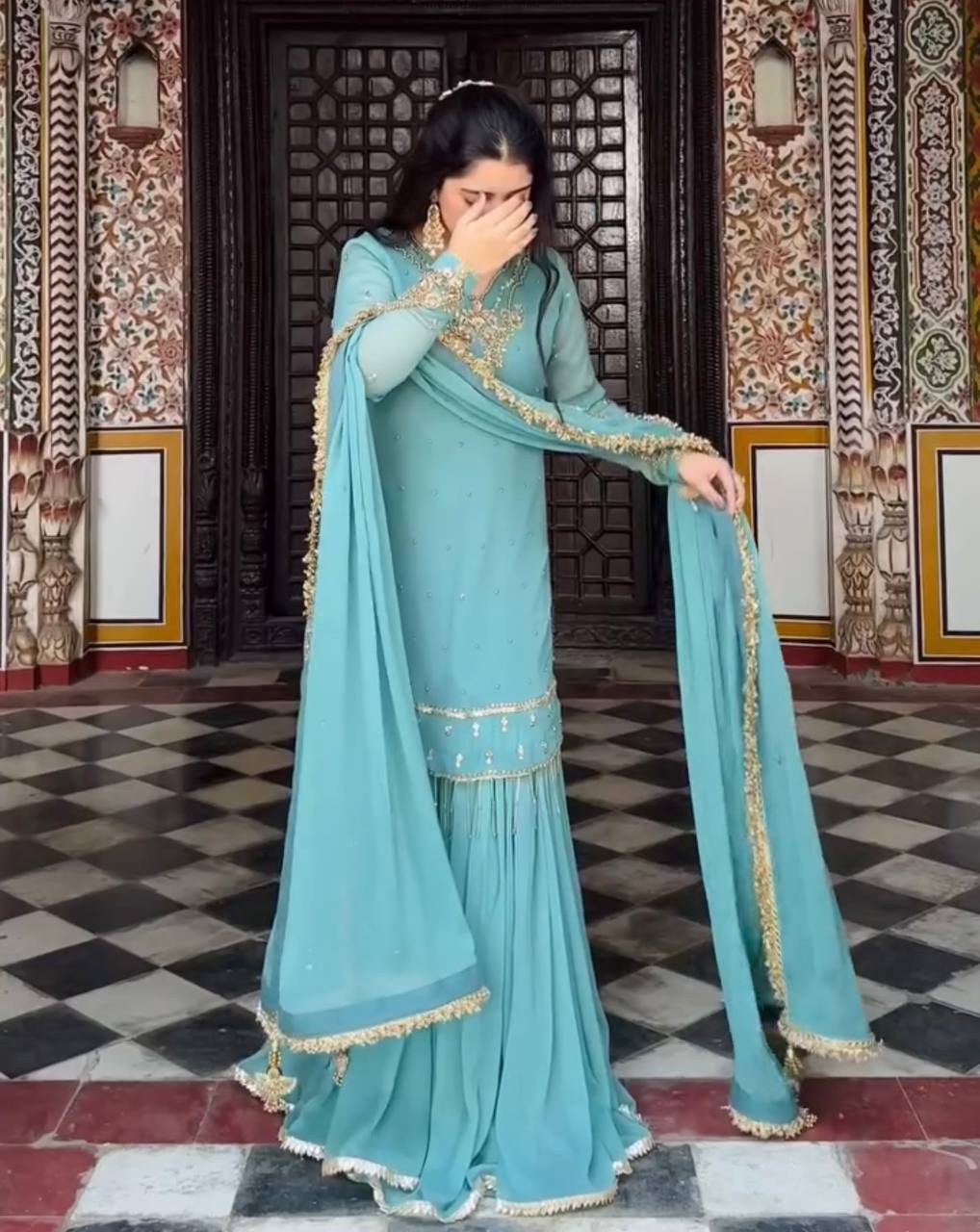Sky Blue Heavy Faux Georgette Embroidered Suit Set with Rivet Moti Work & Mirror Lace Dupatta