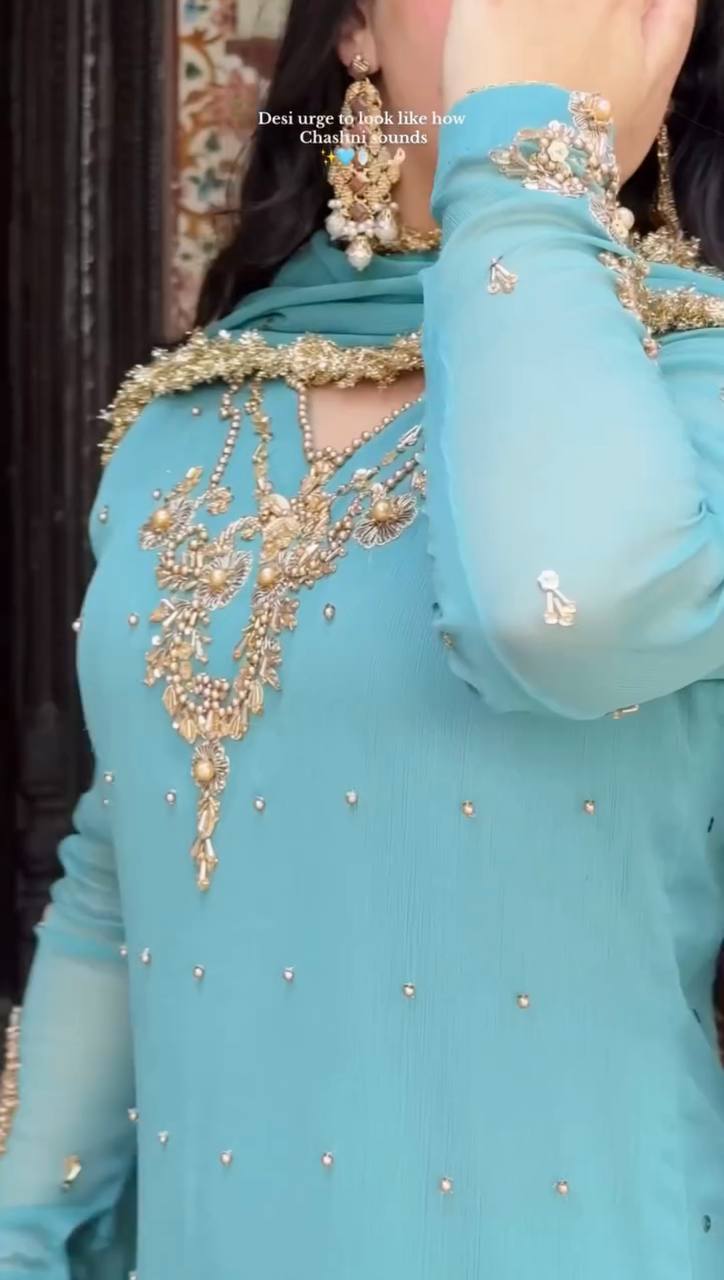 Sky Blue Heavy Faux Georgette Embroidered Suit Set with Rivet Moti Work & Mirror Lace Dupatta