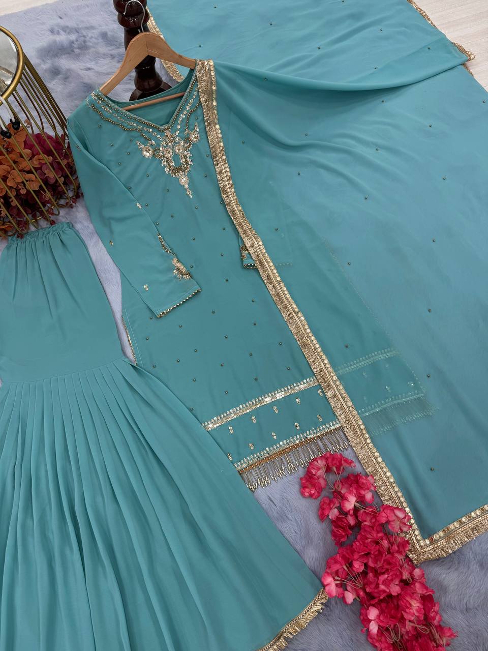 Sky Blue Heavy Faux Georgette Embroidered Suit Set with Rivet Moti Work & Mirror Lace Dupatta