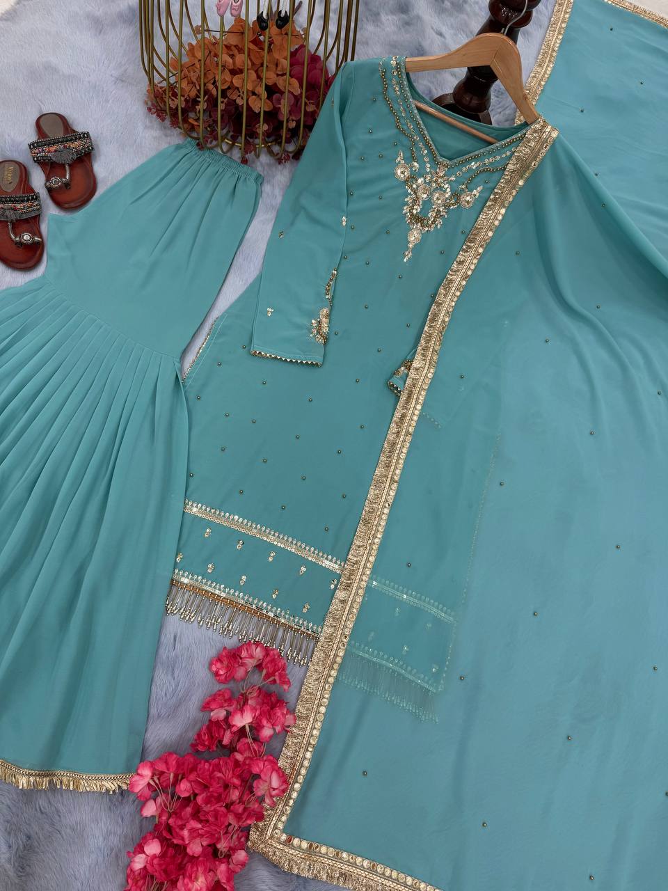 Sky Blue Heavy Faux Georgette Embroidered Suit Set with Rivet Moti Work & Mirror Lace Dupatta