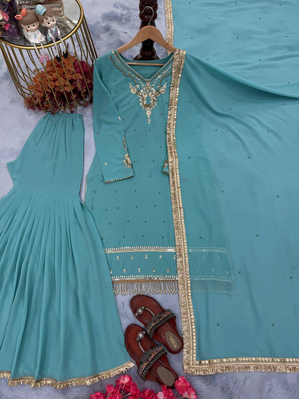 Sky Blue Heavy Faux Georgette Embroidered Suit Set with Rivet Moti Work & Mirror Lace Dupatta