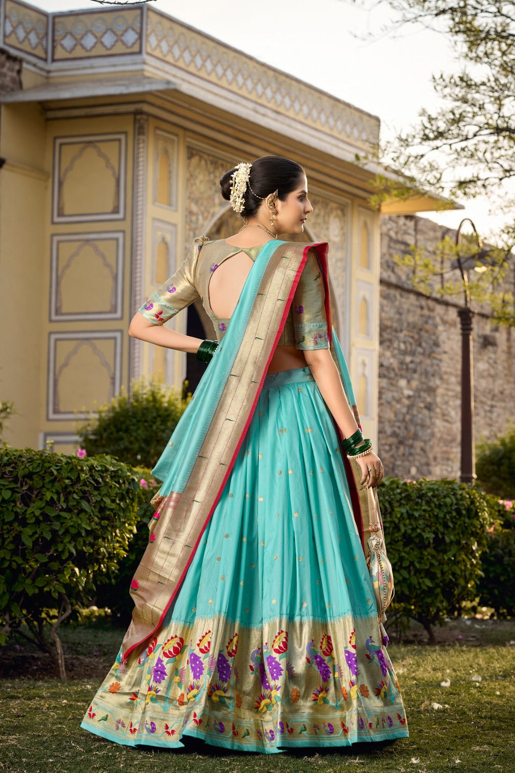 Sky Blue Jacquard Silk Paithani Lehenga Choli