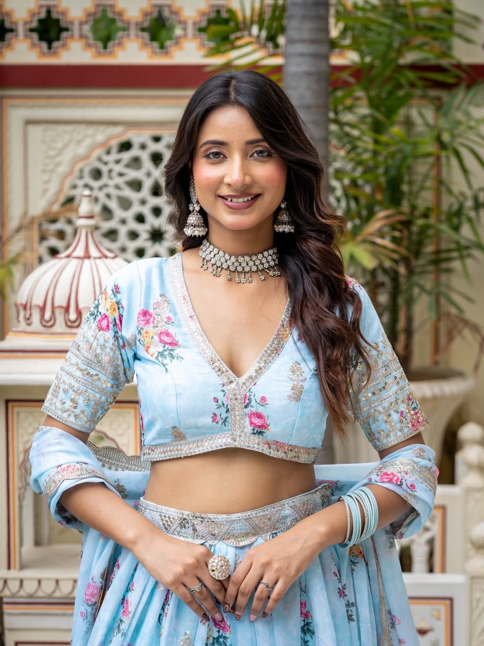 Sky Blue Lehenga Choli with Digital Print