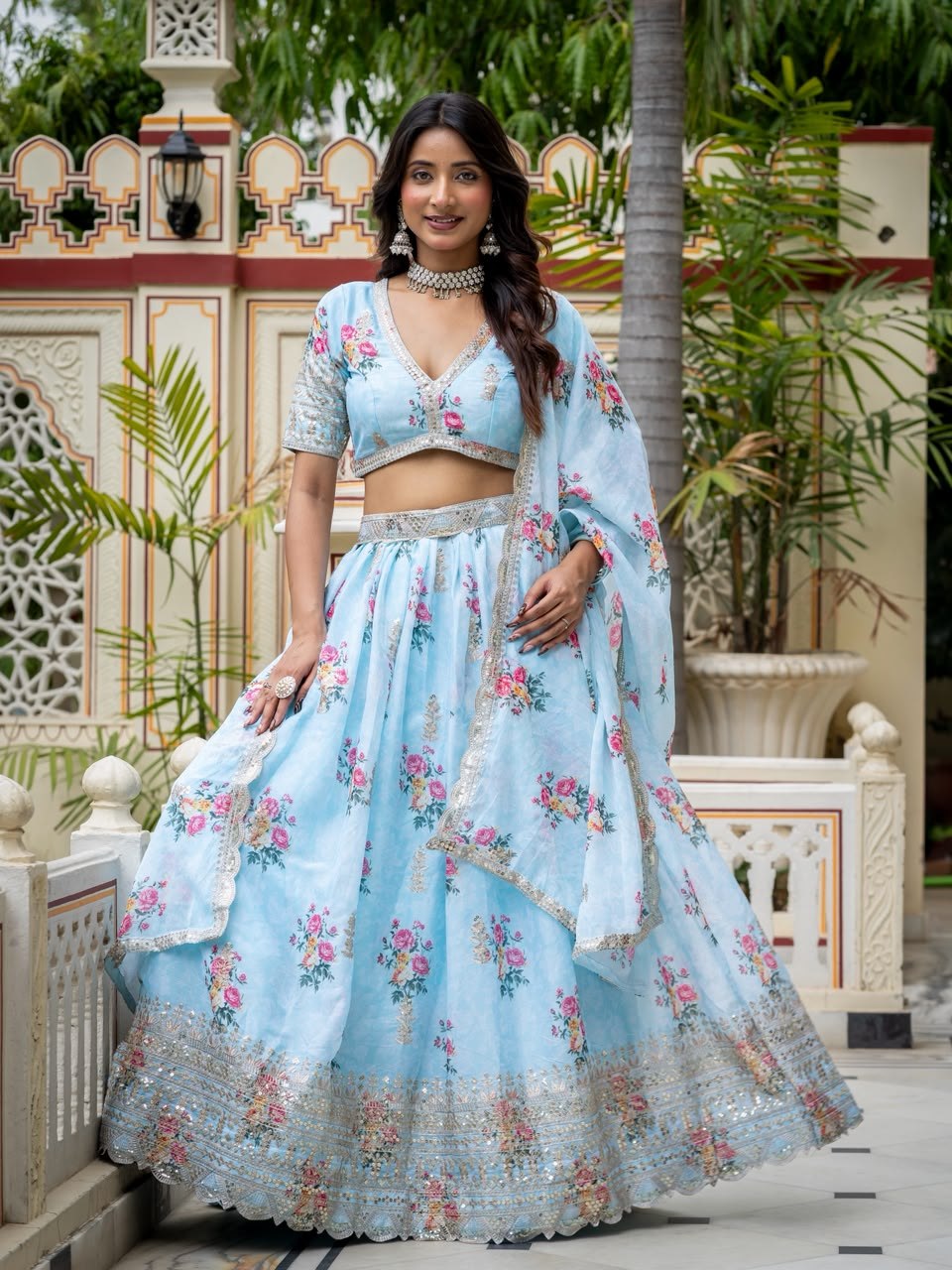 Sky Blue Lehenga Choli with Digital Print