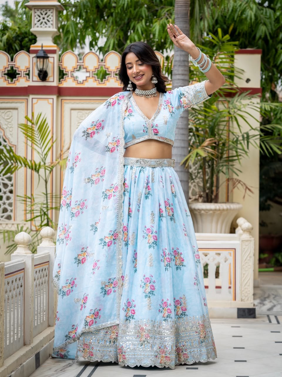Sky Blue Lehenga Choli with Digital Print