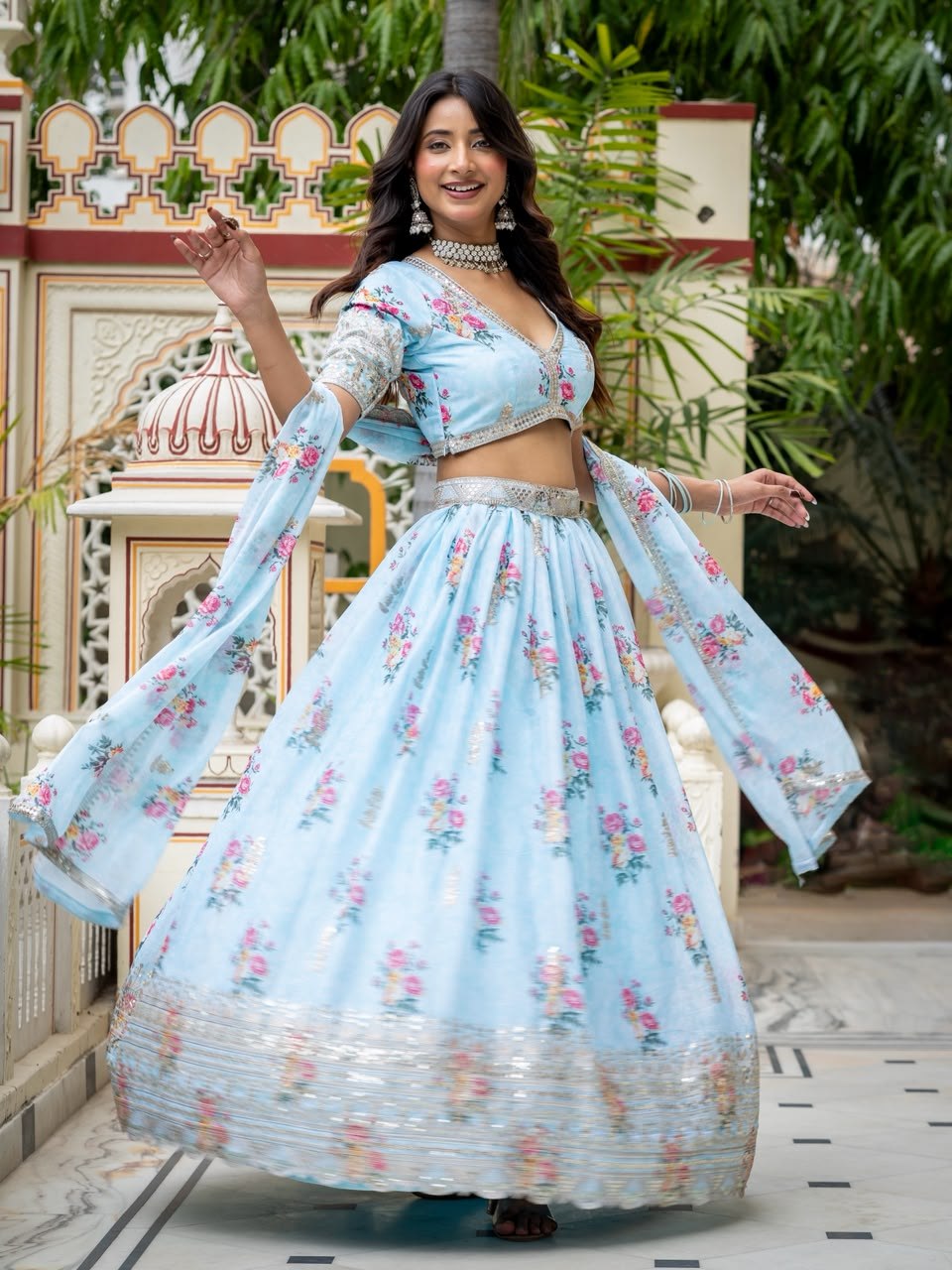 Sky Blue Lehenga Choli with Digital Print