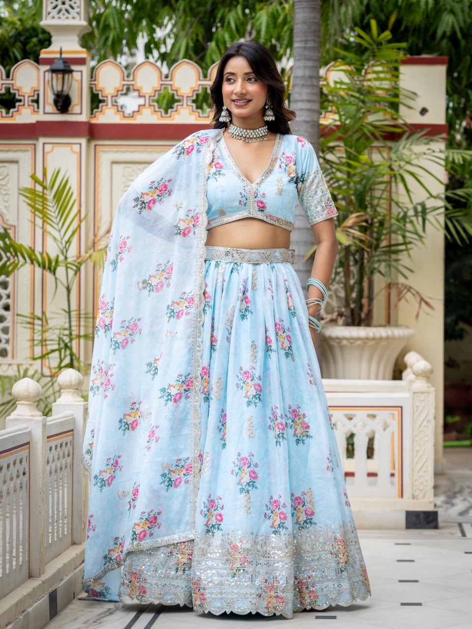 Sky Blue Lehenga Choli with Digital Print