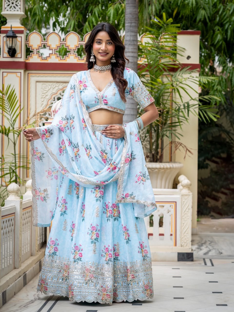 Sky Blue Lehenga Choli with Digital Print