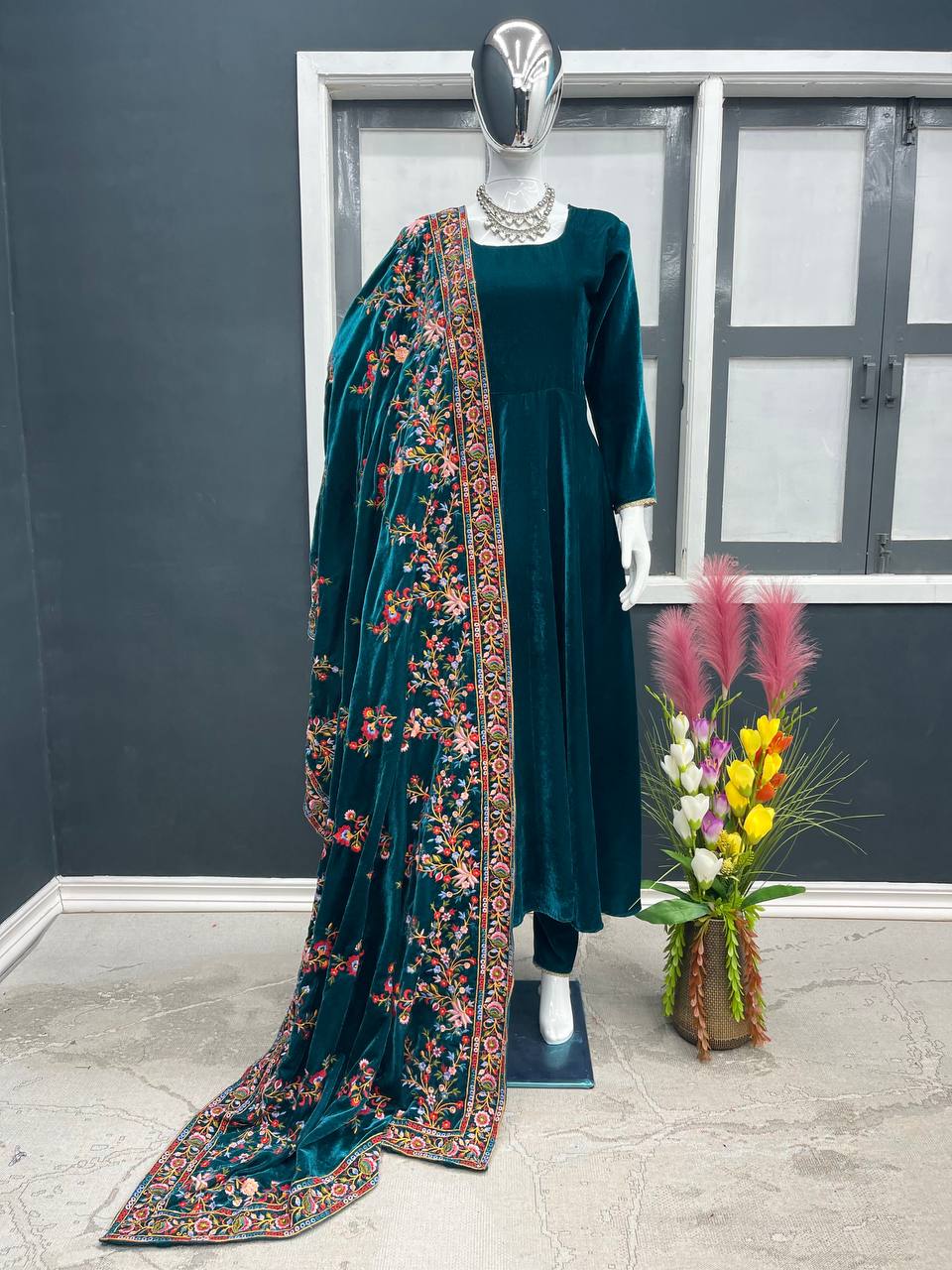 Teal Blue Luxurious Designer Velvet Anarkali Gown & Dupatta Set for Wedding Wear
