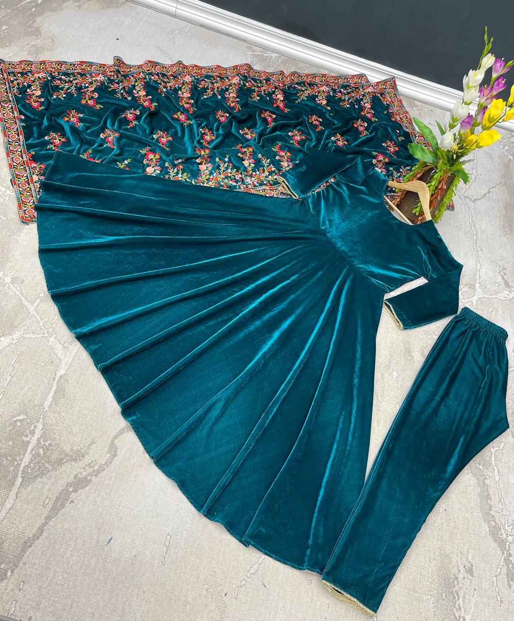 Teal Blue Luxurious Designer Velvet Anarkali Gown & Dupatta Set for Wedding Wear
