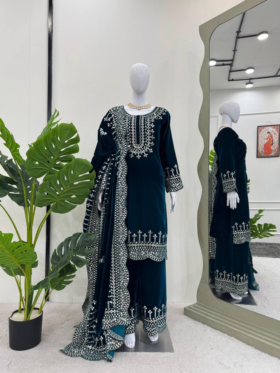 Blue Luxurious Viscose Velvet Plazo Set with Embroidered Dupatta