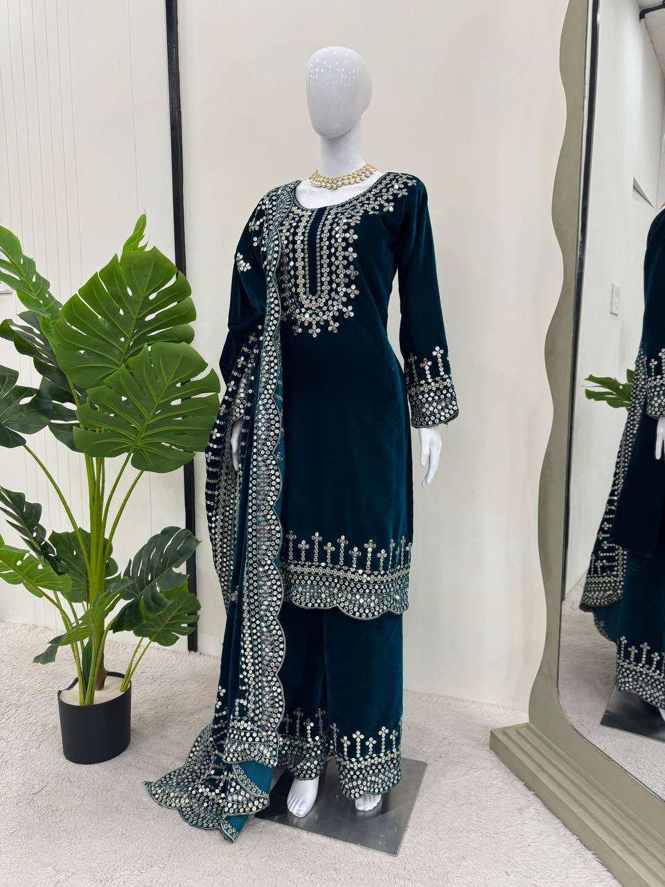 Blue Luxurious Viscose Velvet Plazo Set with Embroidered Dupatta
