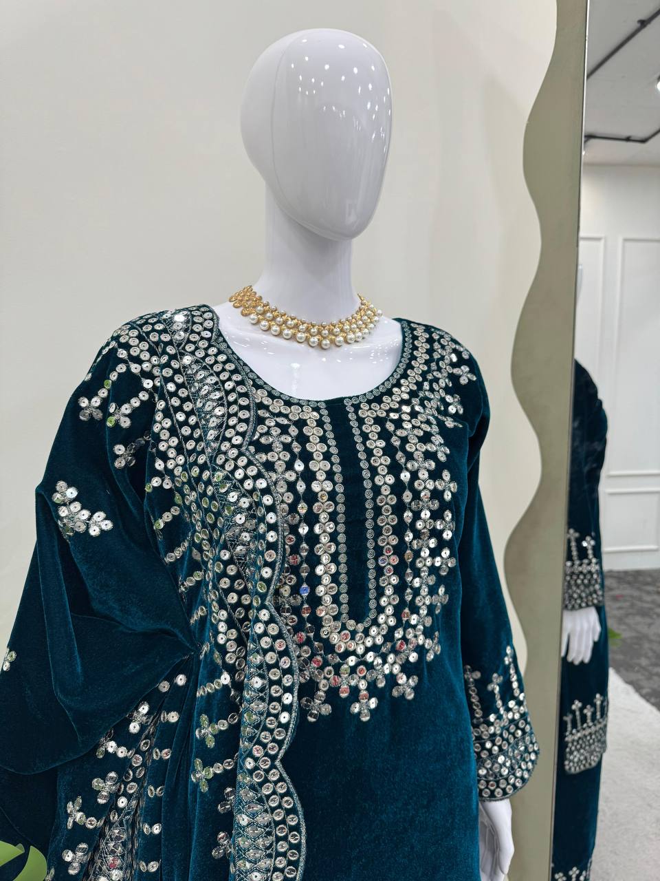 Blue Luxurious Viscose Velvet Plazo Set with Embroidered Dupatta