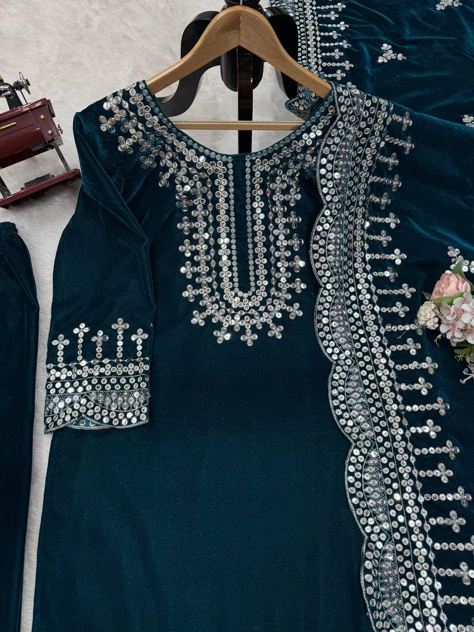 Blue Luxurious Viscose Velvet Plazo Set with Embroidered Dupatta