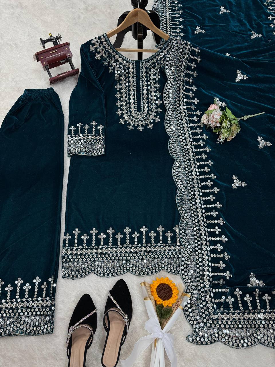 Blue Luxurious Viscose Velvet Plazo Set with Embroidered Dupatta