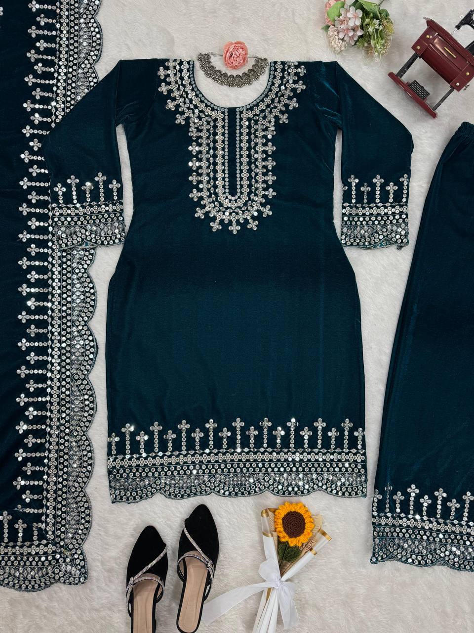 Blue Luxurious Viscose Velvet Plazo Set with Embroidered Dupatta