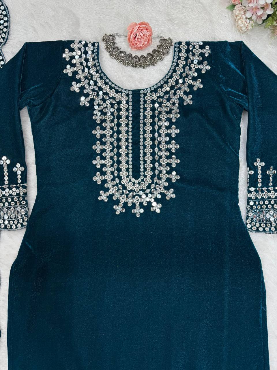Blue Luxurious Viscose Velvet Plazo Set with Embroidered Dupatta