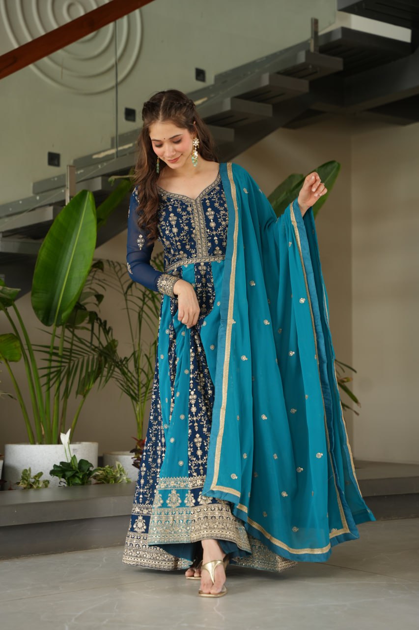 Sky Blue Luxury Faux Blooming Gown Set with Zari & Sequins Embroidery – Kali Cut Design