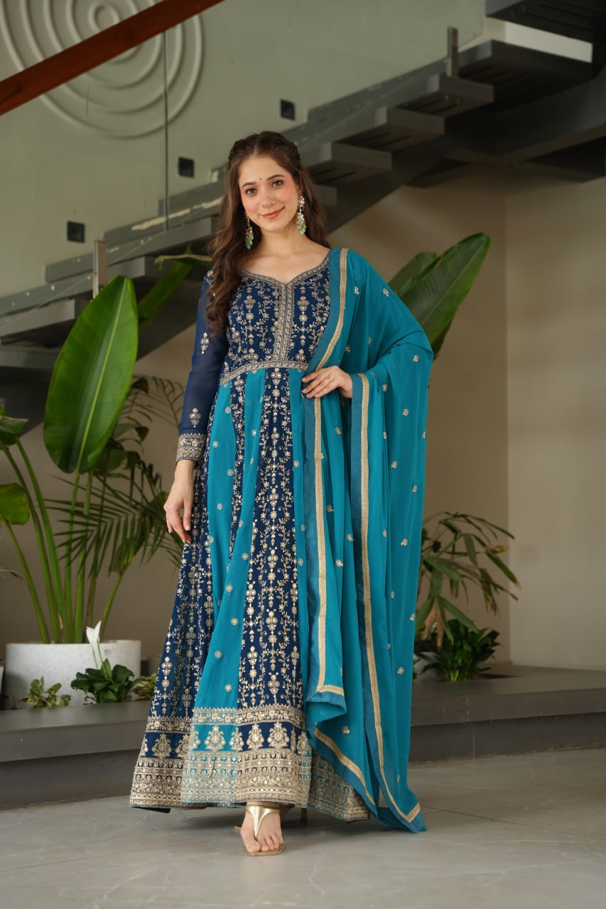 Sky Blue Luxury Faux Blooming Gown Set with Zari & Sequins Embroidery – Kali Cut Design