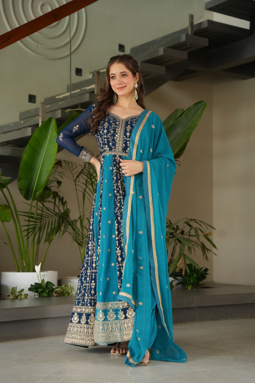 Sky Blue Luxury Faux Blooming Gown Set with Zari & Sequins Embroidery – Kali Cut Design