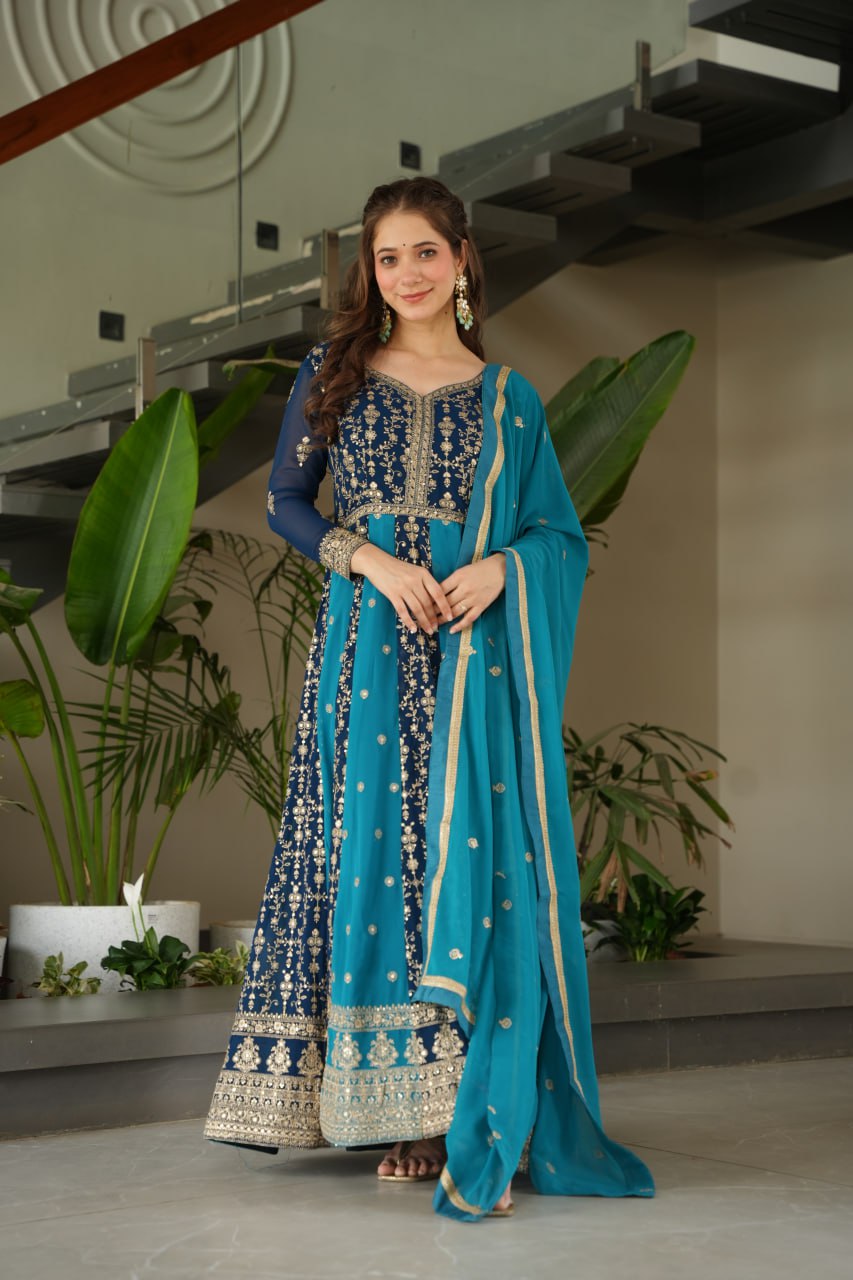 Sky Blue Luxury Faux Blooming Gown Set with Zari & Sequins Embroidery – Kali Cut Design