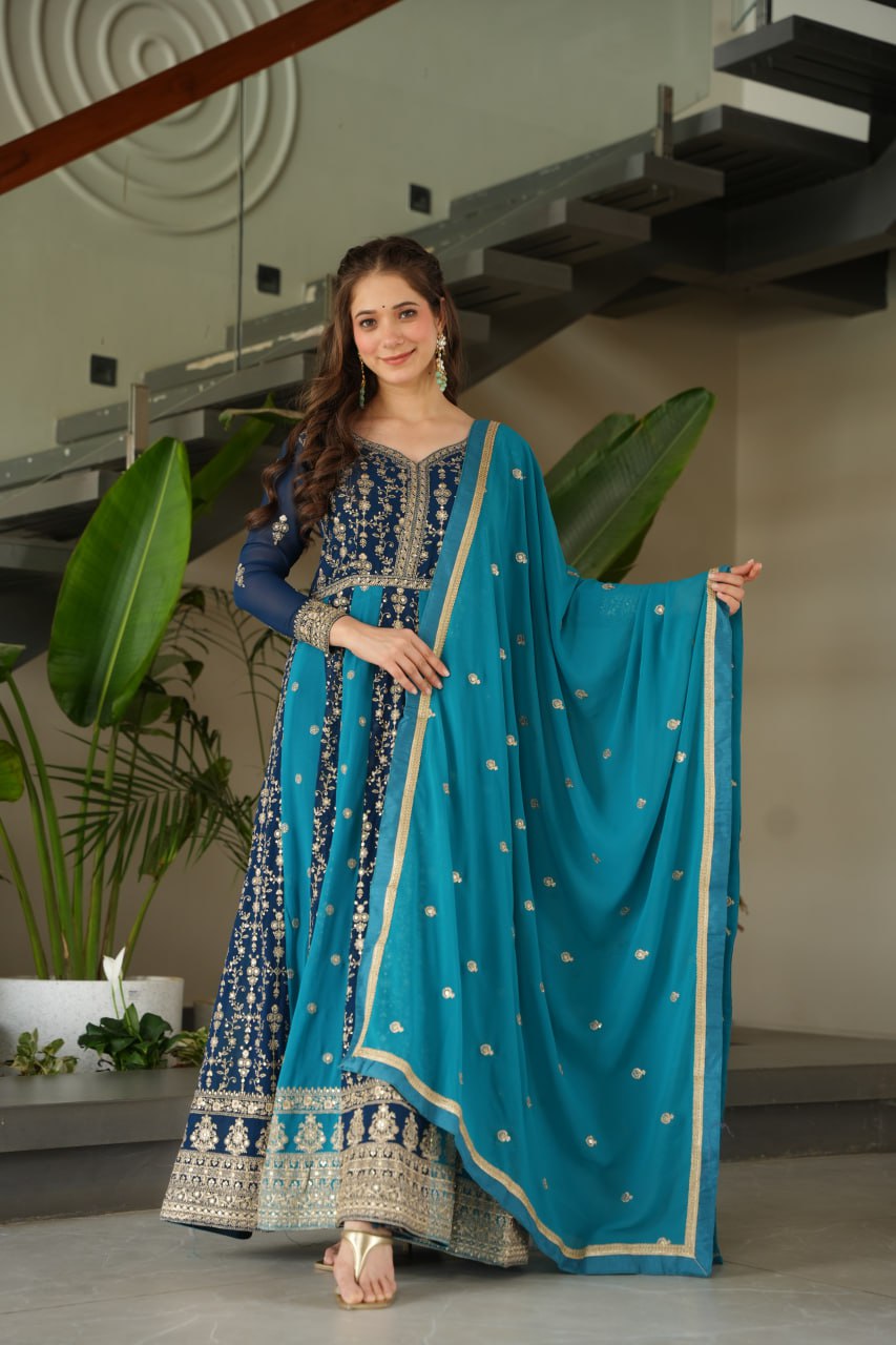 Sky Blue Luxury Faux Blooming Gown Set with Zari & Sequins Embroidery – Kali Cut Design