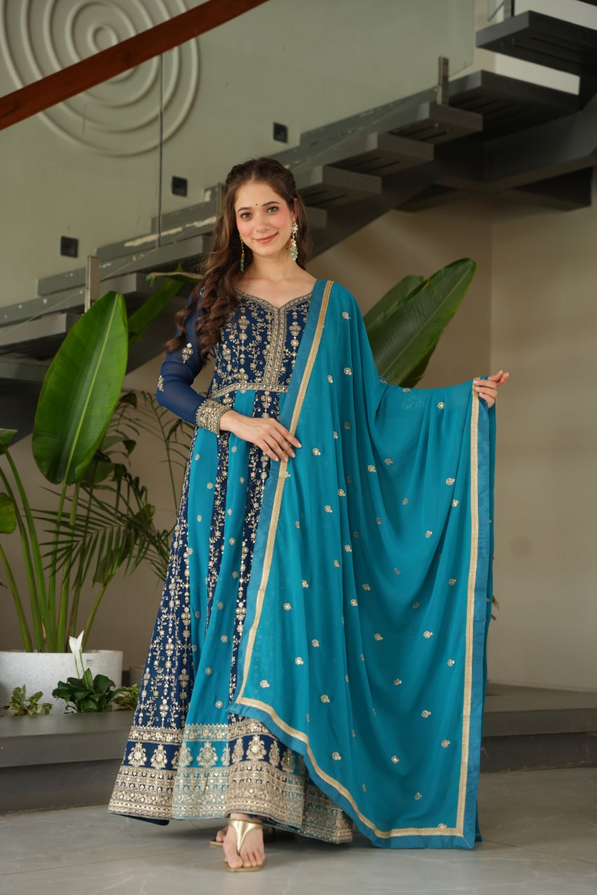 Sky Blue Luxury Faux Blooming Gown Set with Zari & Sequins Embroidery – Kali Cut Design