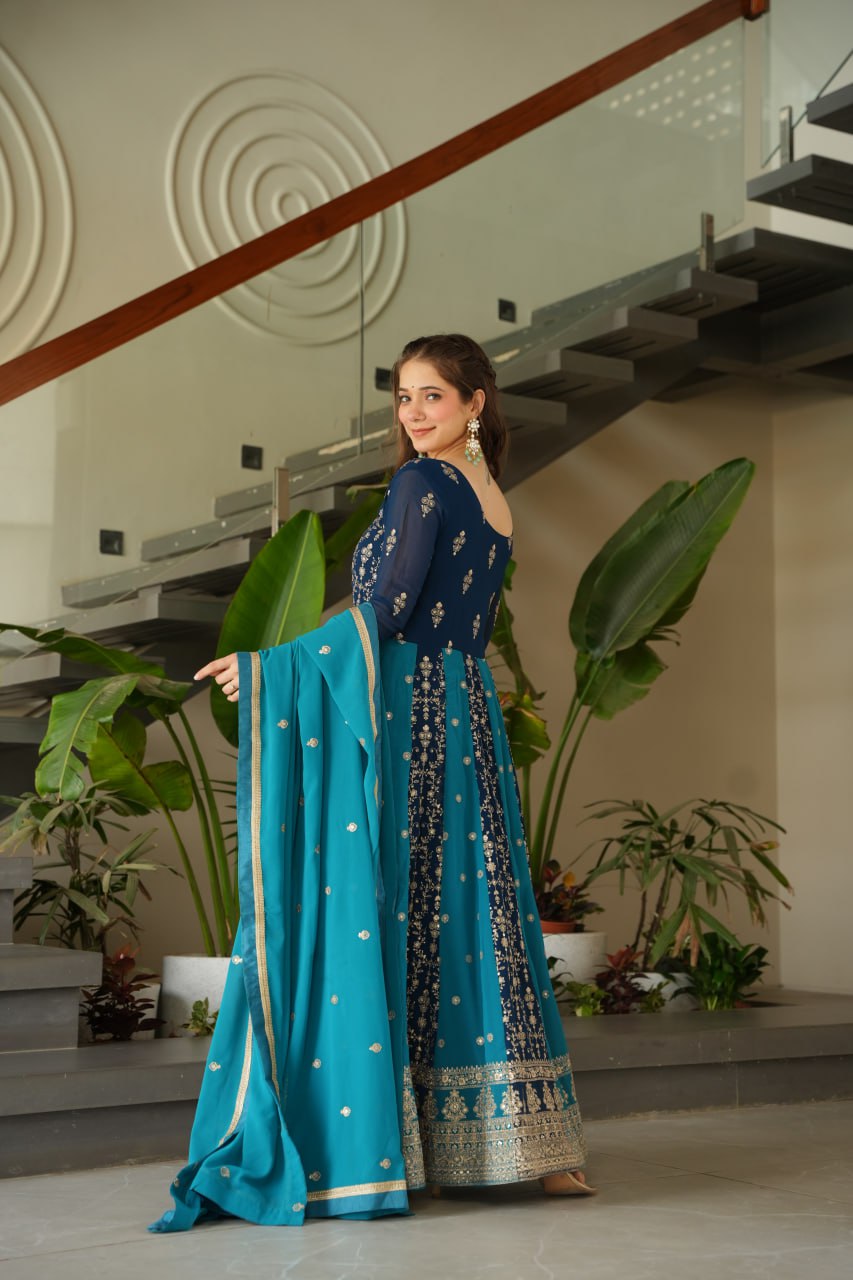 Sky Blue Luxury Faux Blooming Gown Set with Zari & Sequins Embroidery – Kali Cut Design
