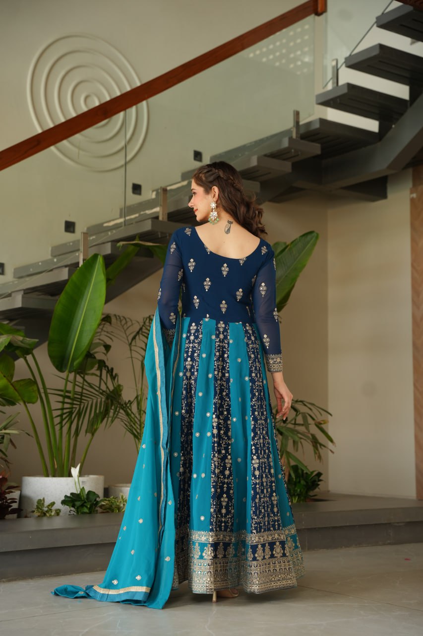 Sky Blue Luxury Faux Blooming Gown Set with Zari & Sequins Embroidery – Kali Cut Design