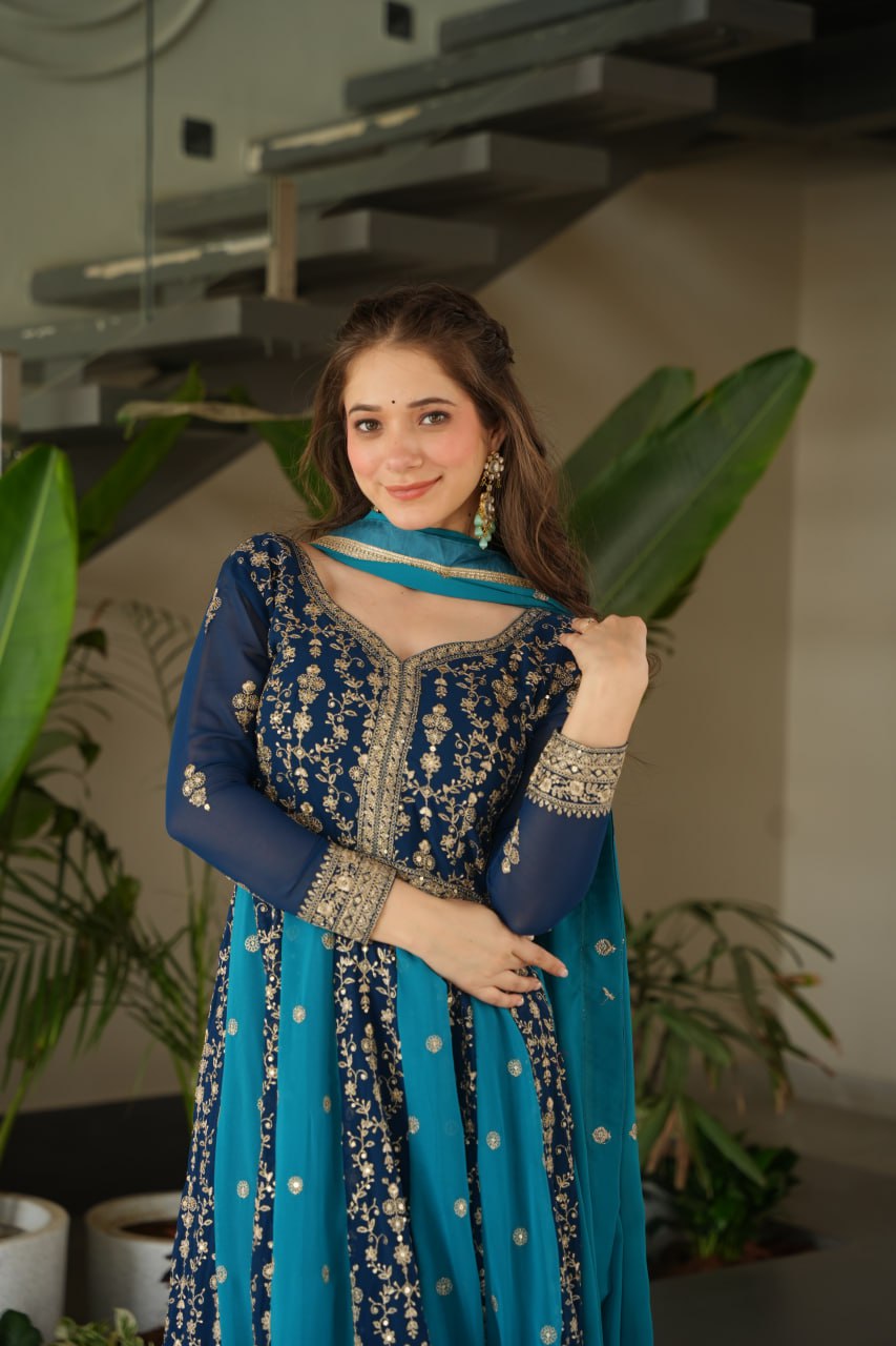 Sky Blue Luxury Faux Blooming Gown Set with Zari & Sequins Embroidery – Kali Cut Design