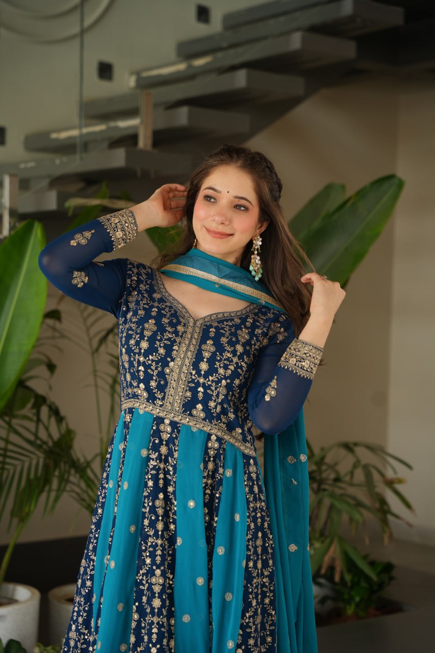Sky Blue Luxury Faux Blooming Gown Set with Zari & Sequins Embroidery – Kali Cut Design