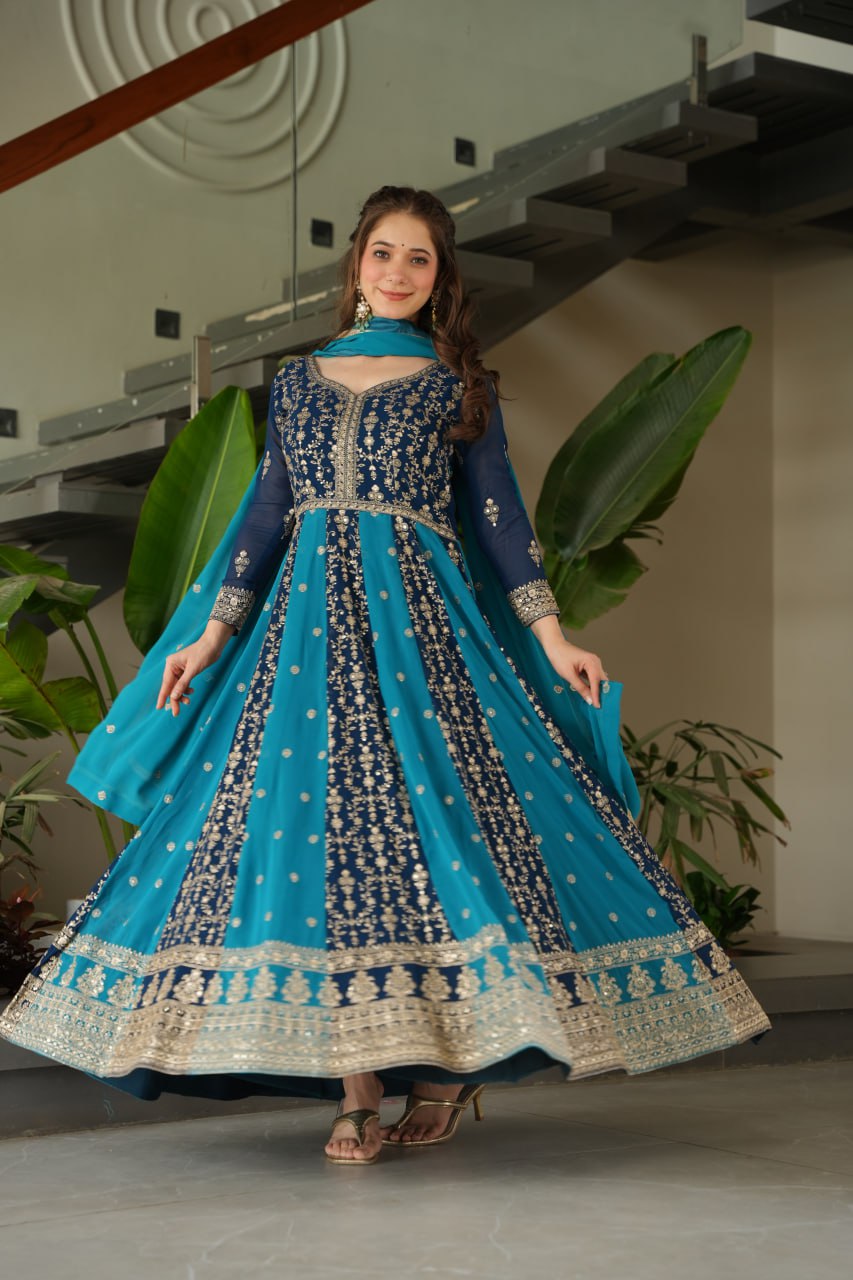 Sky Blue Luxury Faux Blooming Gown Set with Zari & Sequins Embroidery – Kali Cut Design
