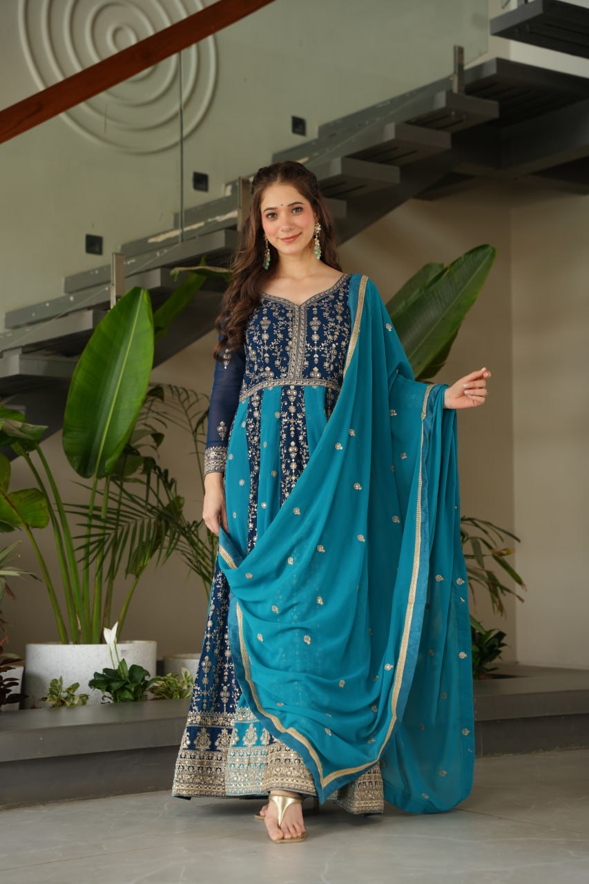 Sky Blue Luxury Faux Blooming Gown Set with Zari & Sequins Embroidery – Kali Cut Design