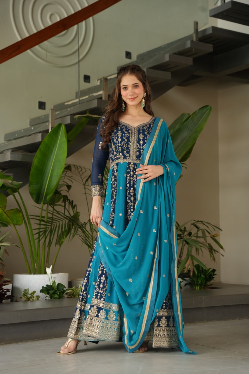 Sky Blue Luxury Faux Blooming Gown Set with Zari & Sequins Embroidery – Kali Cut Design