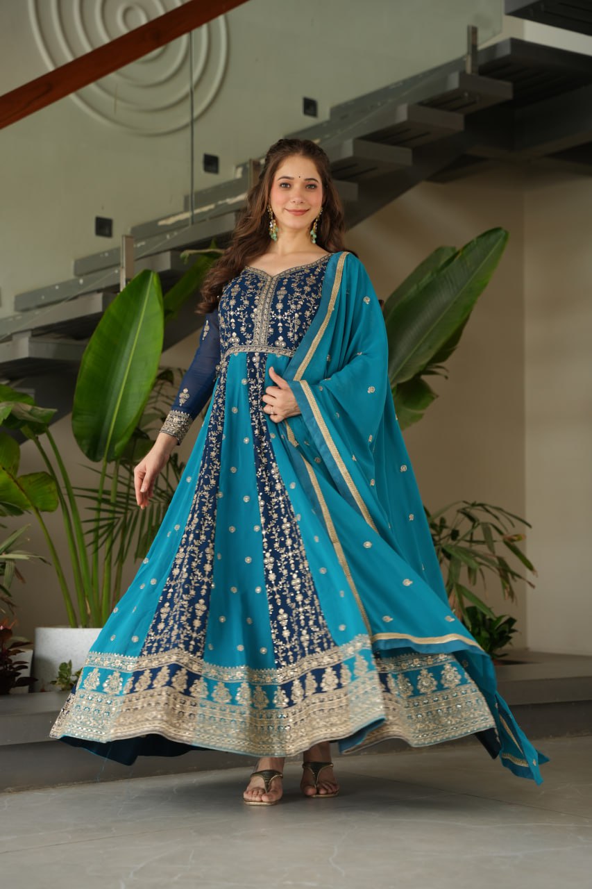 Sky Blue Luxury Faux Blooming Gown Set with Zari & Sequins Embroidery – Kali Cut Design