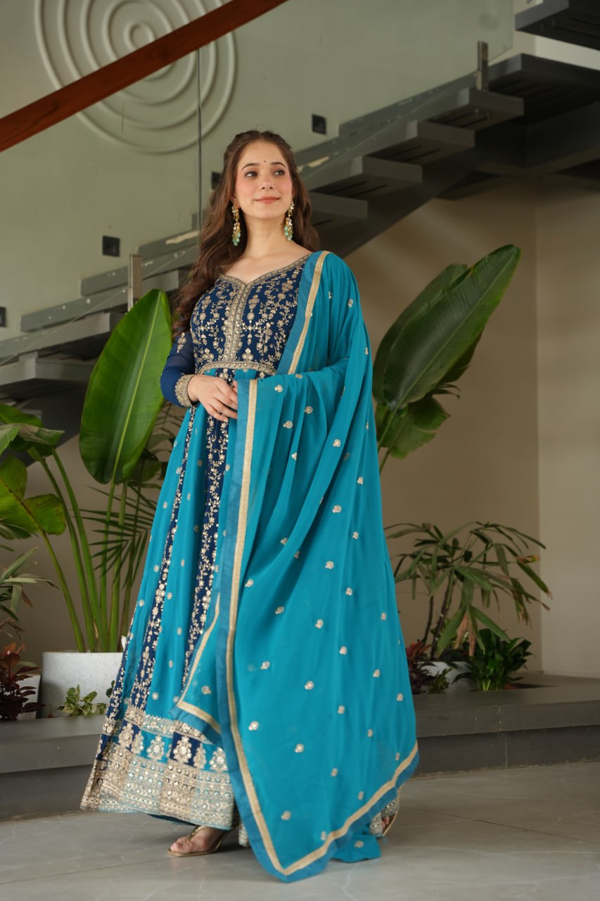 Sky Blue Luxury Faux Blooming Gown Set with Zari & Sequins Embroidery – Kali Cut Design