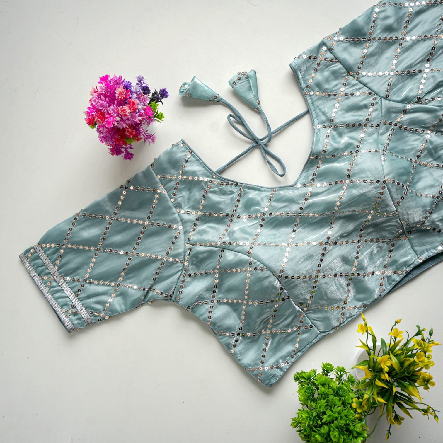 Sky Blue Metalic Blouse with Exquisite Sequence Embroidery