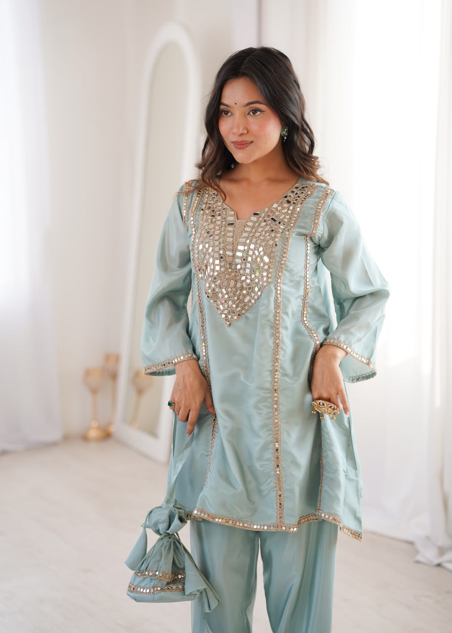 Sky Blue Mirror Work Kurti Pant Set & Batwa