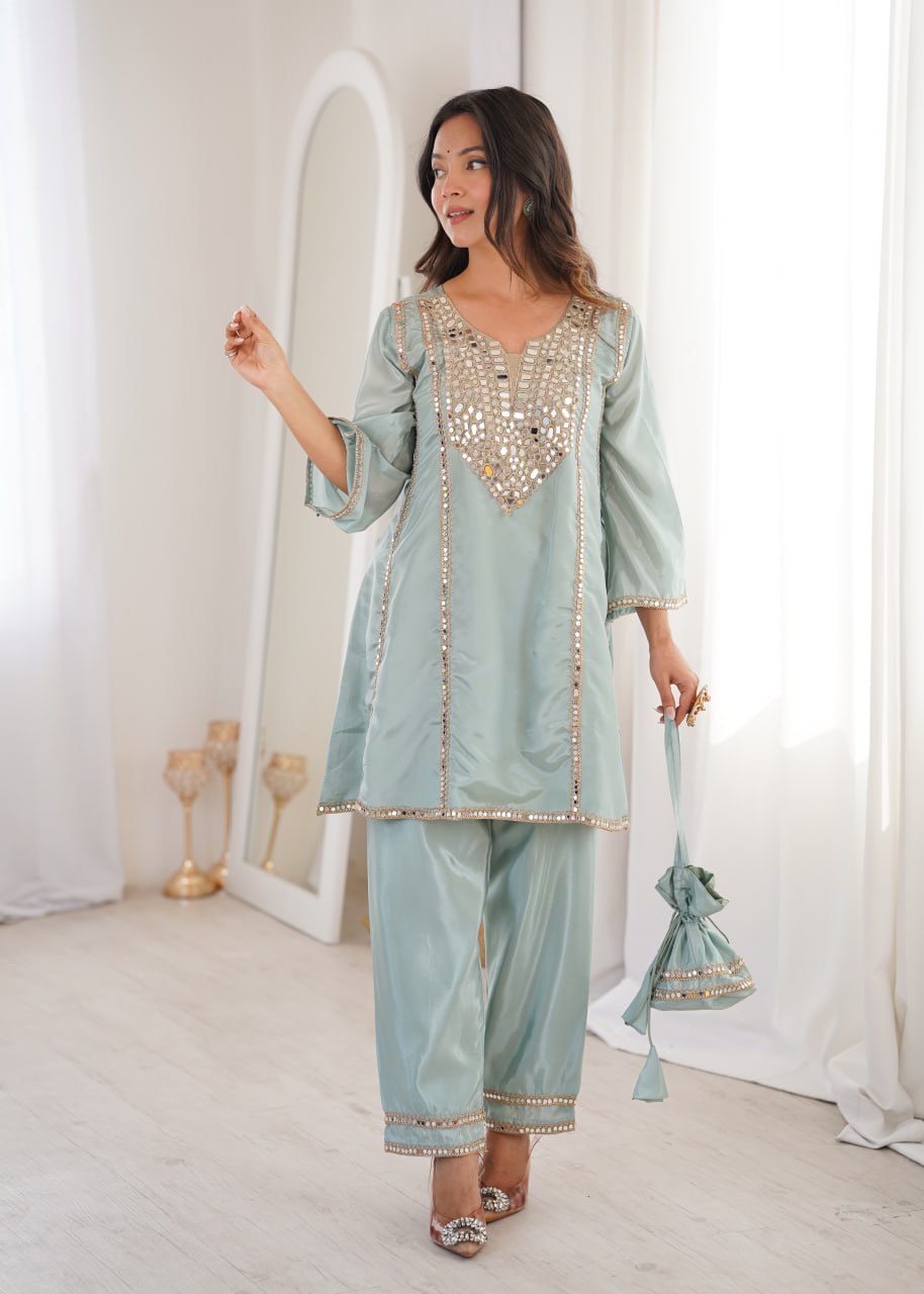 Sky Blue Mirror Work Kurti Pant Set & Batwa