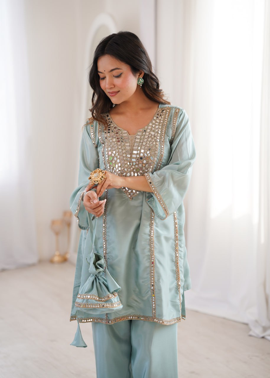 Sky Blue Mirror Work Kurti Pant Set & Batwa