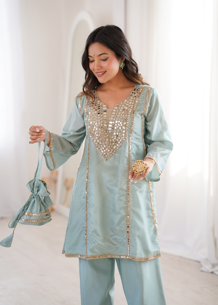 Sky Blue Mirror Work Kurti Pant Set & Batwa