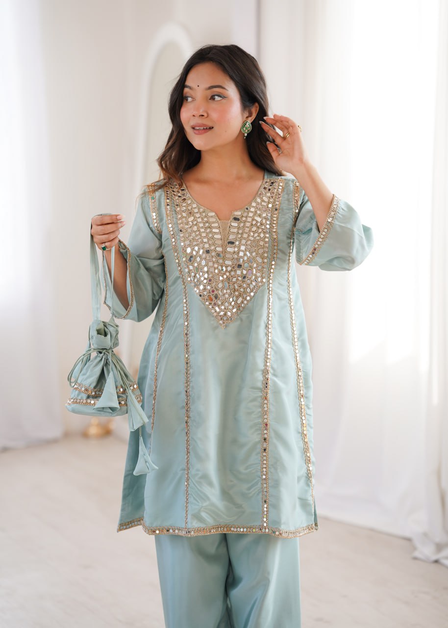 Sky Blue Mirror Work Kurti Pant Set & Batwa