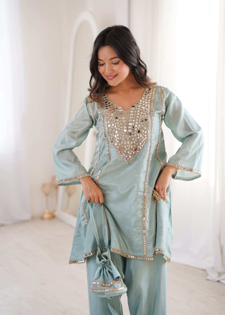 Sky Blue Mirror Work Kurti Pant Set & Batwa