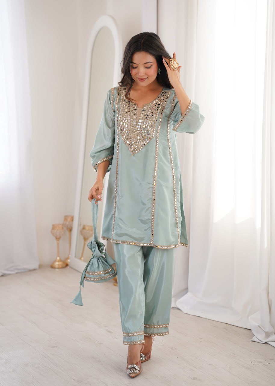 Sky Blue Mirror Work Kurti Pant Set & Batwa